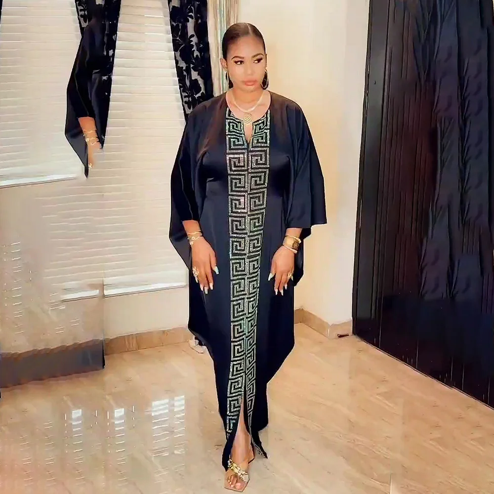 Fashion African Woman Large Size Bat Sleeve Dress Muslim Islamic Style Robe Imitation Silk Hot Fix Rhinestone