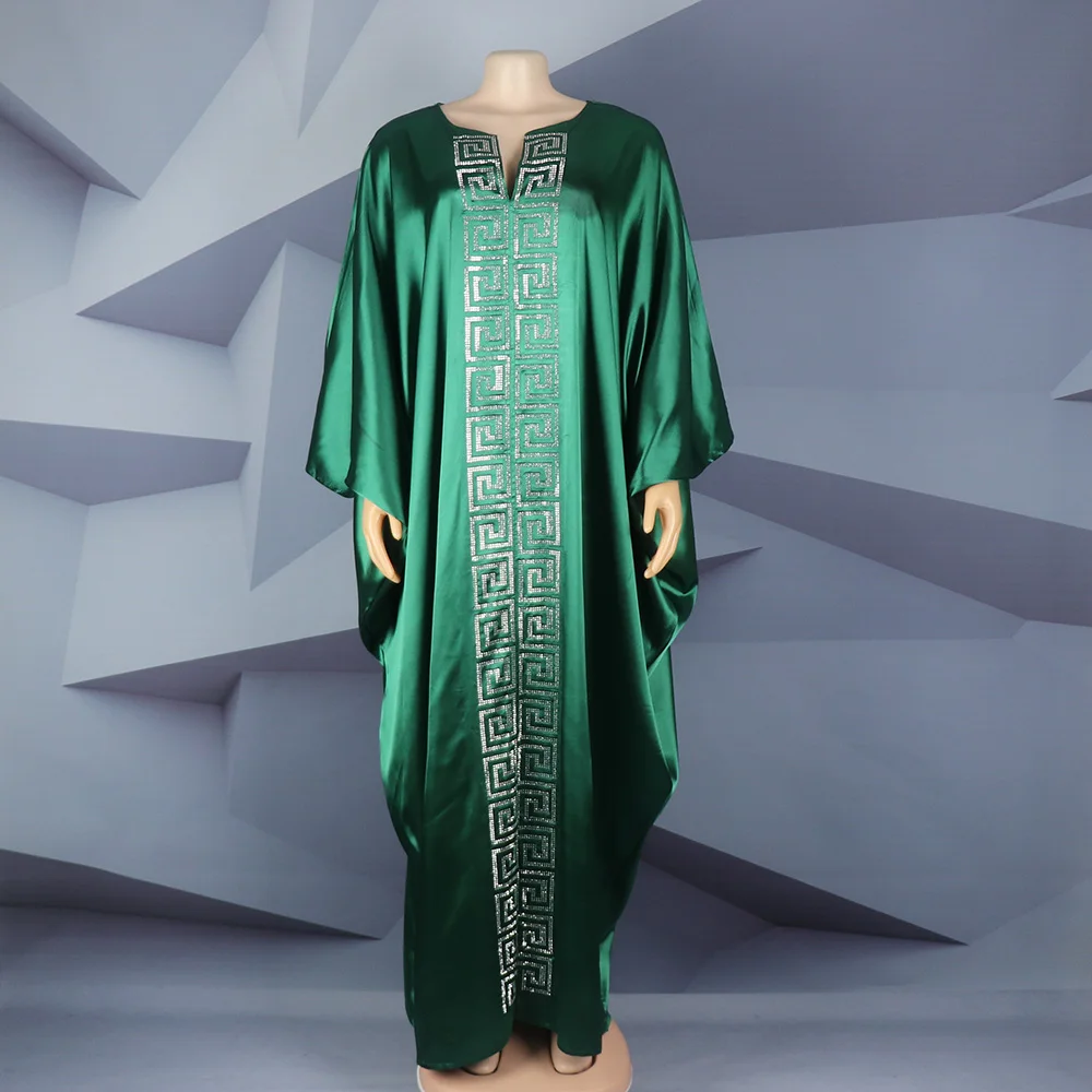 Fashion African Woman Large Size Bat Sleeve Dress Muslim Islamic Style Robe Imitation Silk Hot Fix Rhinestone