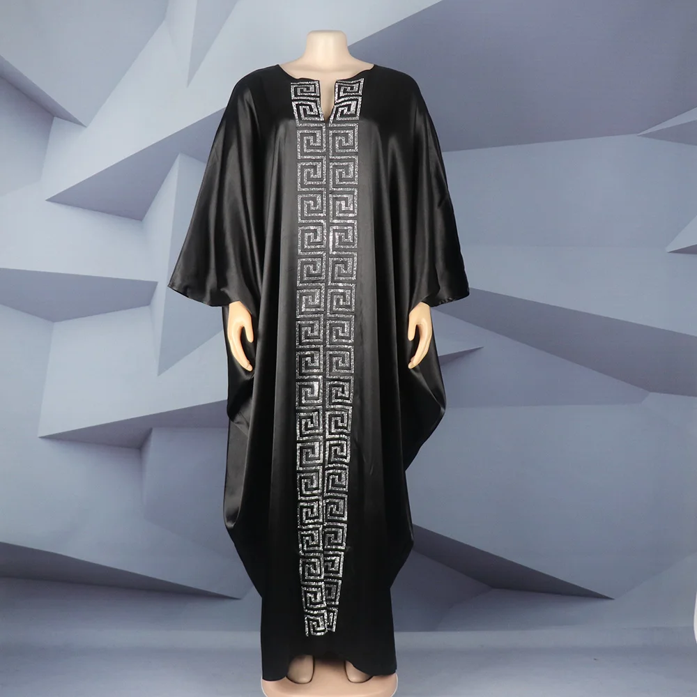 Fashion African Woman Large Size Bat Sleeve Dress Muslim Islamic Style Robe Imitation Silk Hot Fix Rhinestone