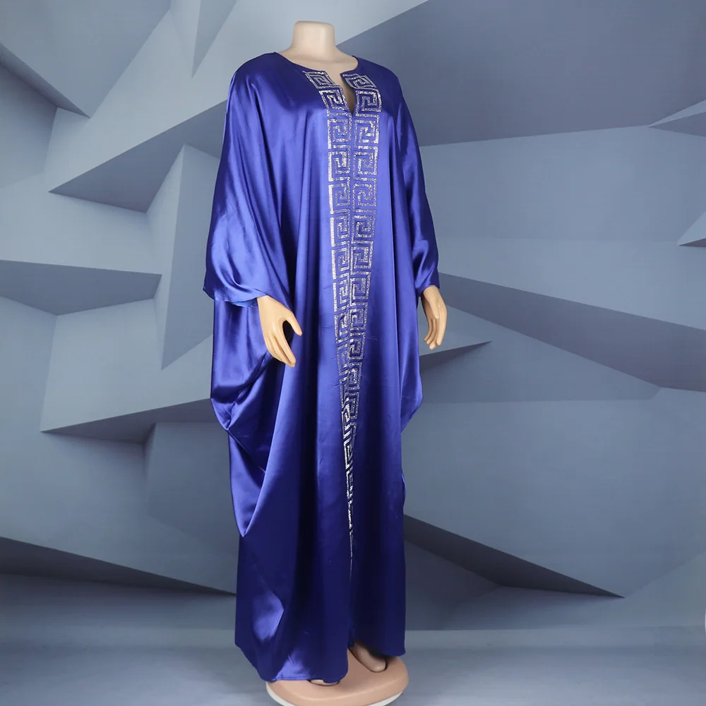 Fashion African Woman Large Size Bat Sleeve Dress Muslim Islamic Style Robe Imitation Silk Hot Fix Rhinestone