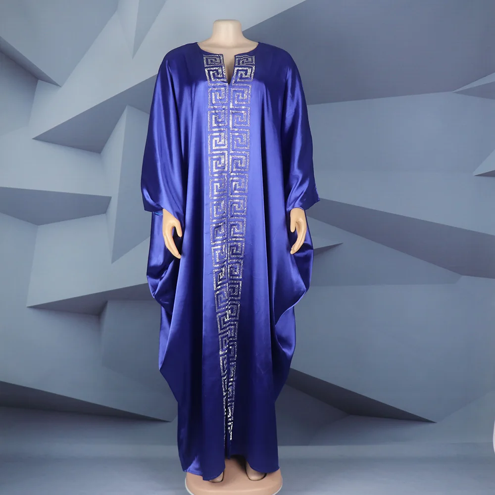 Fashion African Woman Large Size Bat Sleeve Dress Muslim Islamic Style Robe Imitation Silk Hot Fix Rhinestone