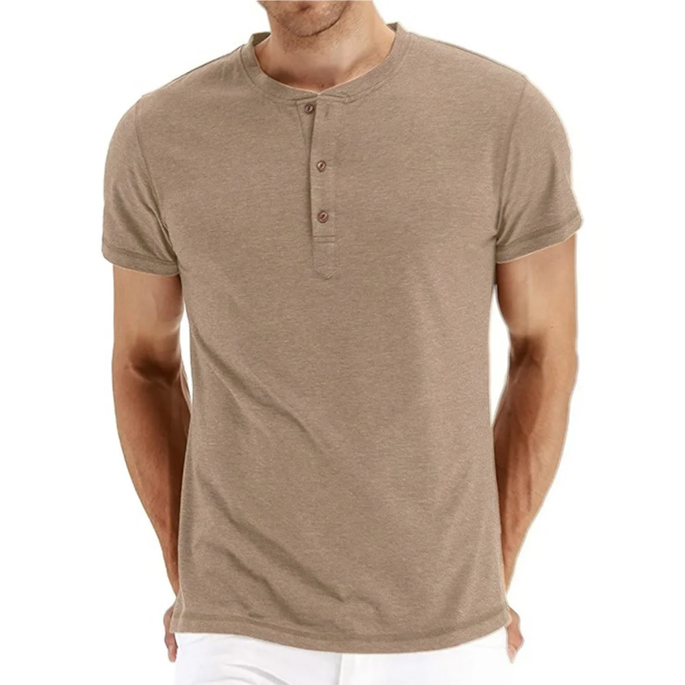 Brand Quality Cotton Men T-shirt Henry Neck Fashion Design Slim Fit Solid T-shirts Male Tops Tees Short Sleeve T Shirt For Men