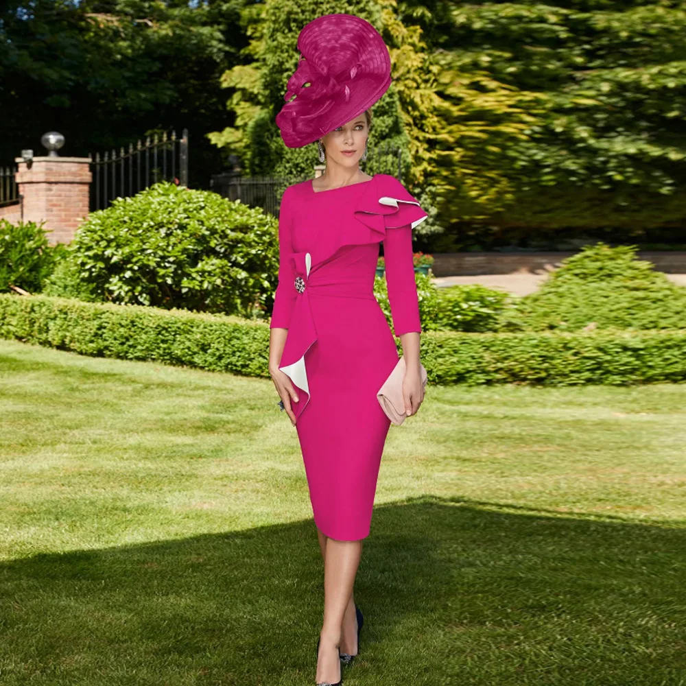 Hot Pink Mother of the Bride Dresses Customized V Neck Wedding Party Gowns 3/4 Sleeves Sheath Pearls Robe De Soirée Femme Ruched