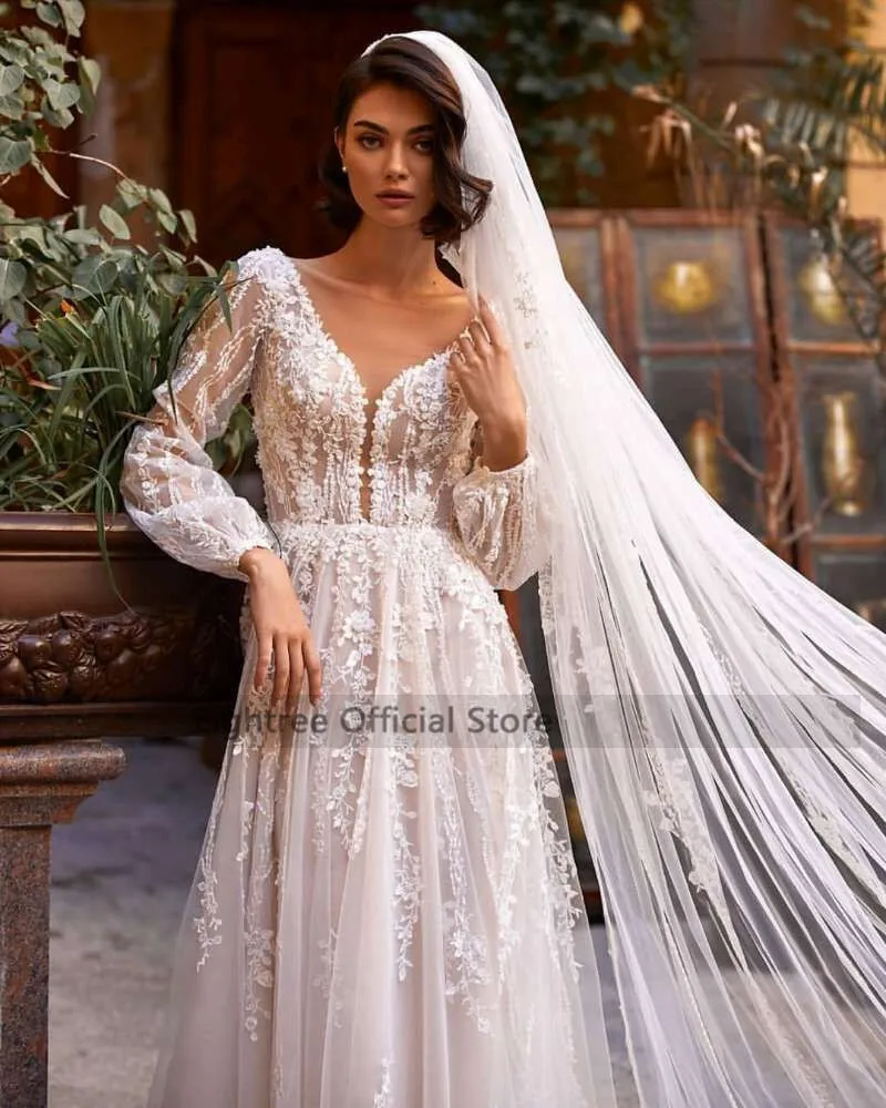 Eightree Vestido de Noiva Renda 2021 Lace Wedding Dresses Women Long Sleeve Bride Dress V Back Champagne Vintage Wedding Gowns