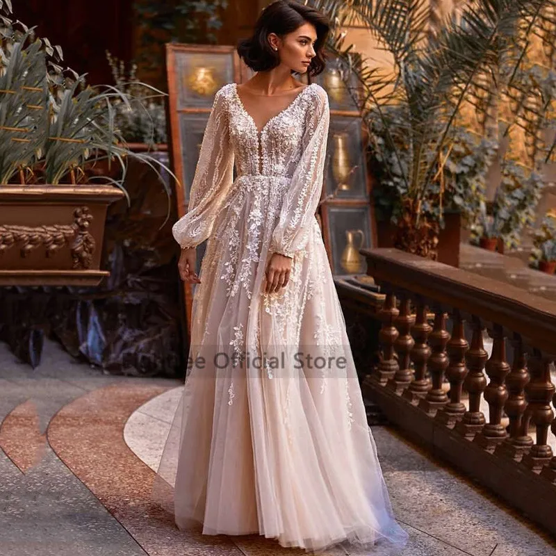 Eightree Vestido de Noiva Renda 2021 Lace Wedding Dresses Women Long Sleeve Bride Dress V Back Champagne Vintage Wedding Gowns