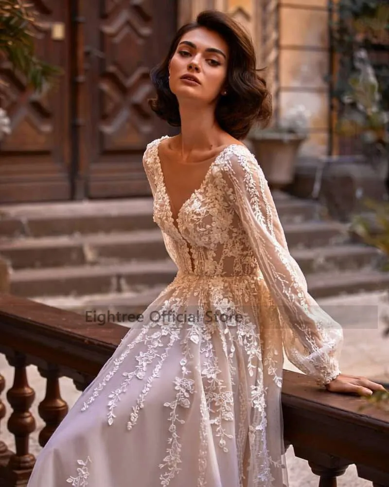 Eightree Vestido de Noiva Renda 2021 Lace Wedding Dresses Women Long Sleeve Bride Dress V Back Champagne Vintage Wedding Gowns