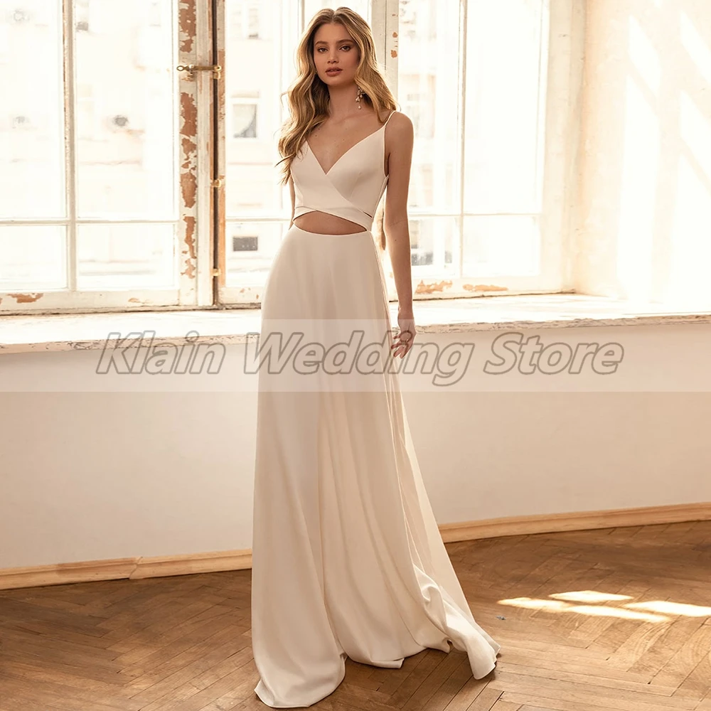 Customized Weilinsha Simple White Wedding Dresses Sleeveless Jersey Beach Spaghetti Straps Backless Bridal Gowns With V-Neck Cus