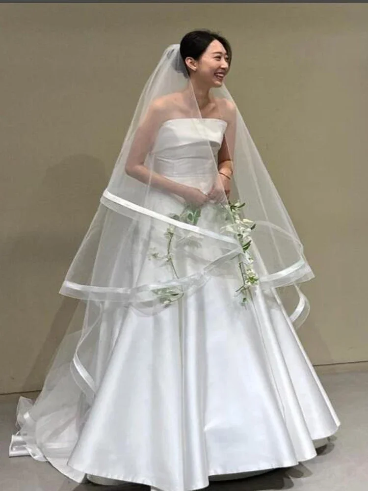 Ribbon Wedding Veil With Comb Two Layer Bridal Veils Horsehem Customized