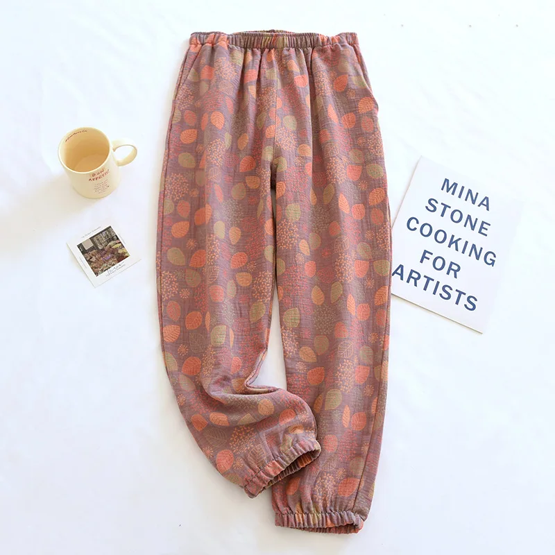 2026 New Spring Summer Women's Pajamas 100% Cotton Crepe Pants Women's Comfortable Loose Large Leaf Home Pants Thin Bottoms