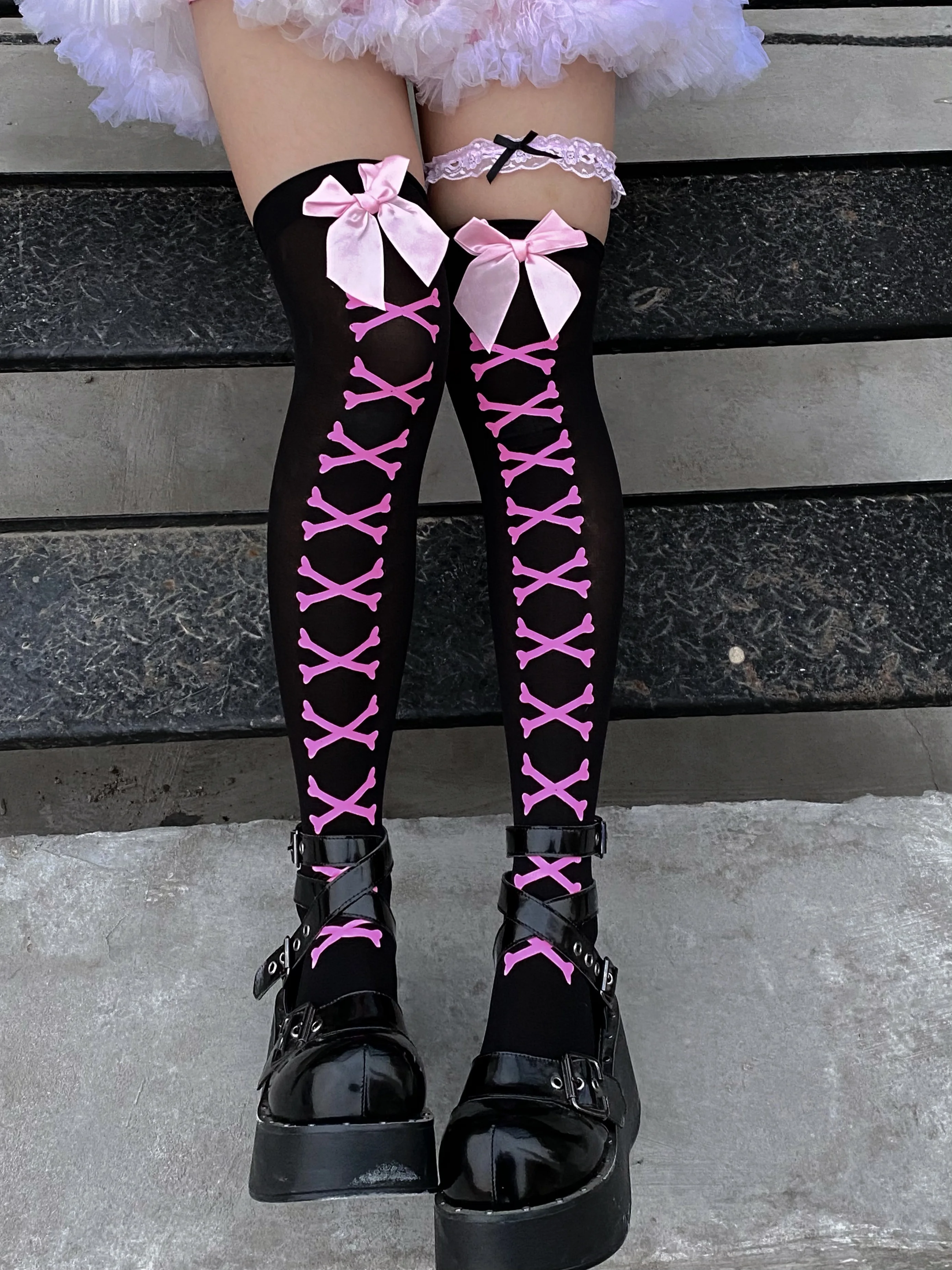 New Hot Girl Bone Bow Socks Streetwear Girls Black Sweet Cute Pink Y2K Harajuku Lolita Fishnet Stockings Thigh High Stockings