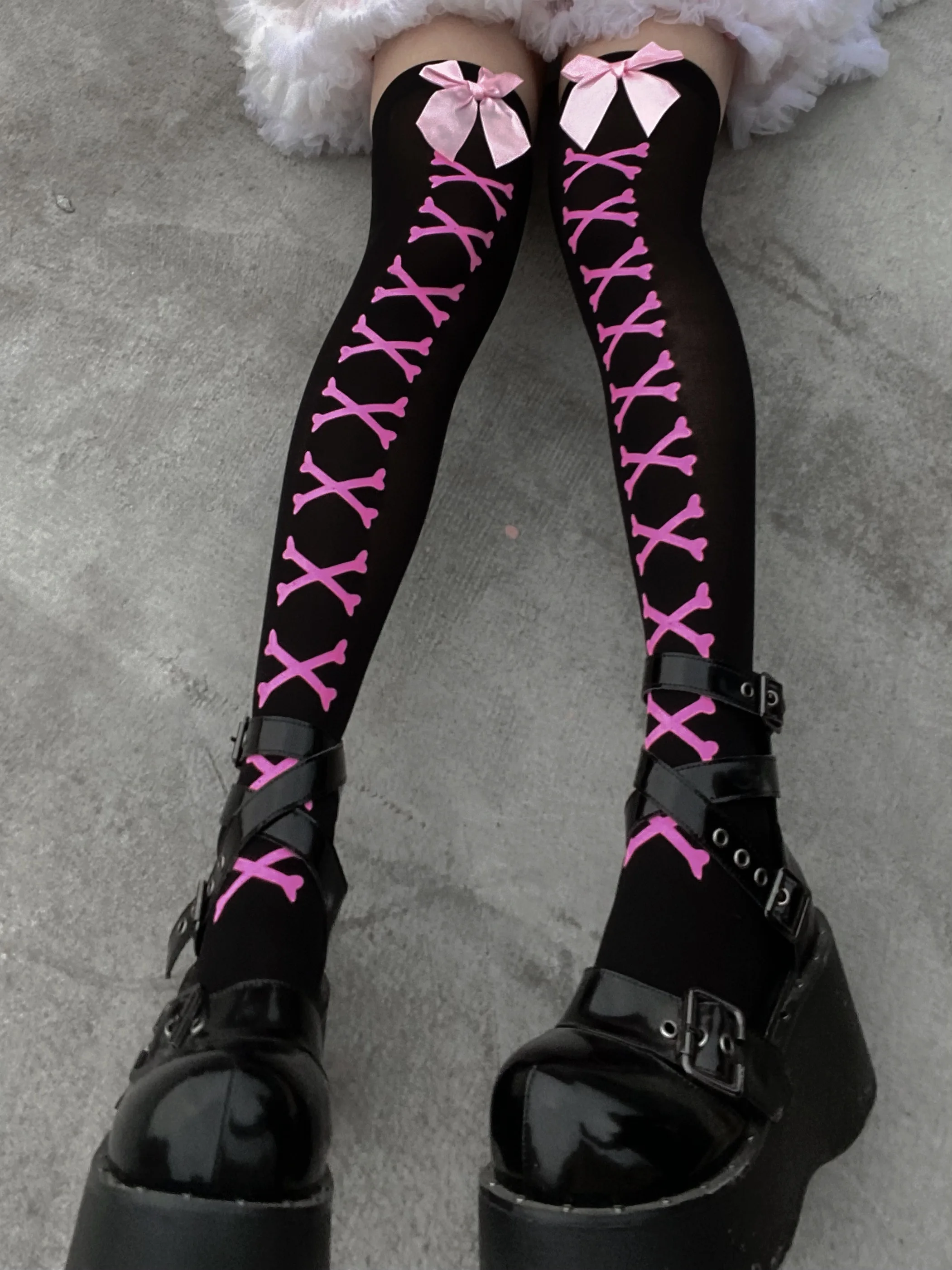 New Hot Girl Bone Bow Socks Streetwear Girls Black Sweet Cute Pink Y2K Harajuku Lolita Fishnet Stockings Thigh High Stockings
