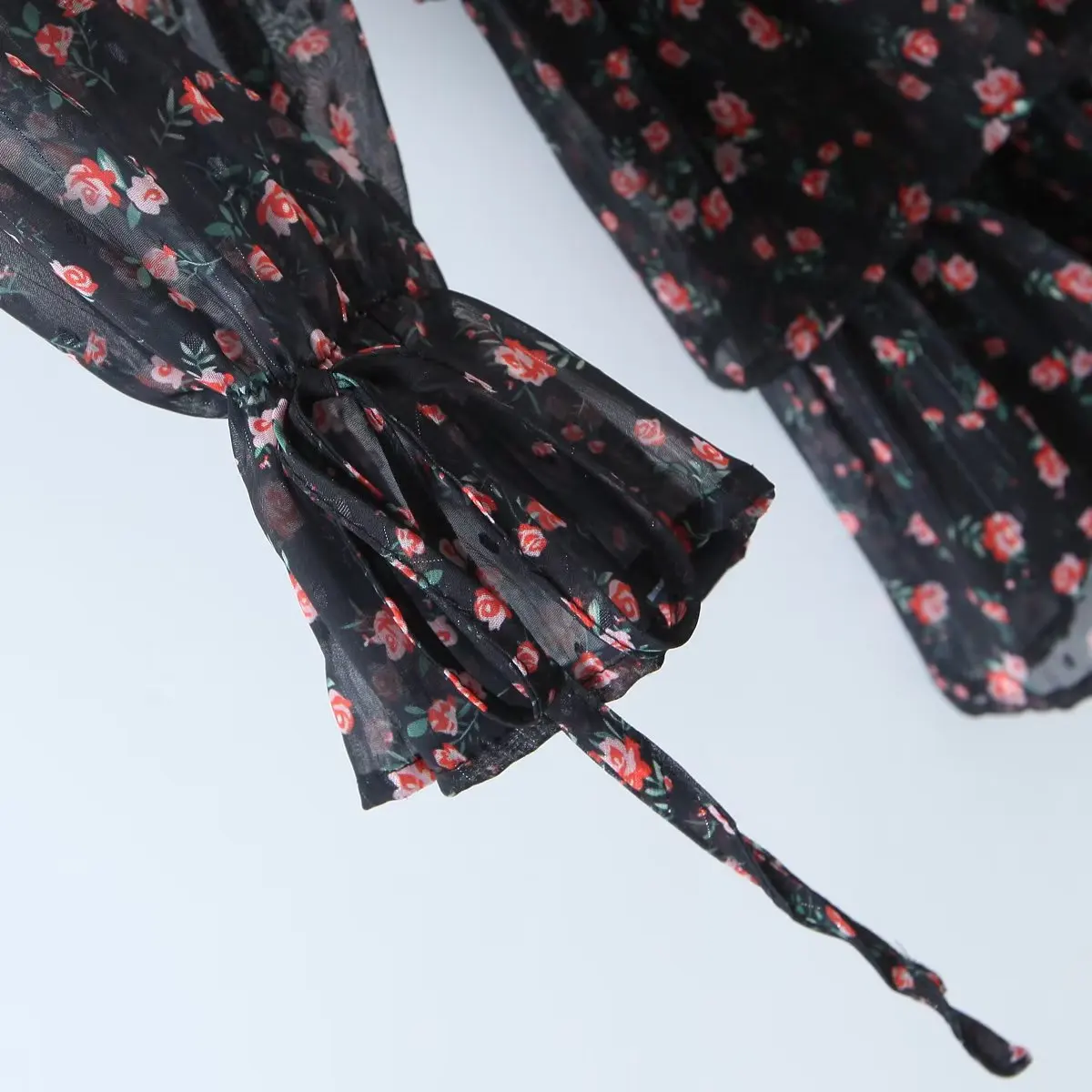 YENKYE Autumn Fashion Women Vintage Floral Print Chiffon Dress Sexy Semi-Sheer Long Sleeve Layered Ruffle Ladies Short Dress
