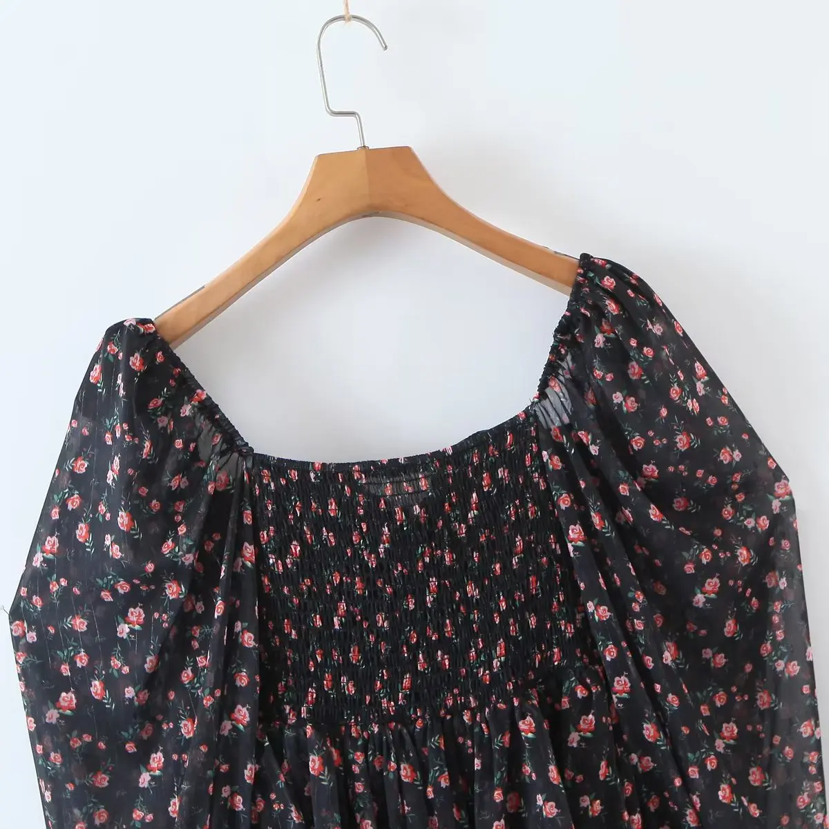 YENKYE Autumn Fashion Women Vintage Floral Print Chiffon Dress Sexy Semi-Sheer Long Sleeve Layered Ruffle Ladies Short Dress