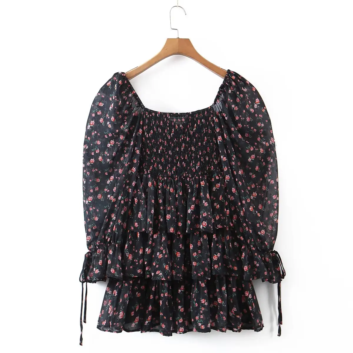 YENKYE Autumn Fashion Women Vintage Floral Print Chiffon Dress Sexy Semi-Sheer Long Sleeve Layered Ruffle Ladies Short Dress