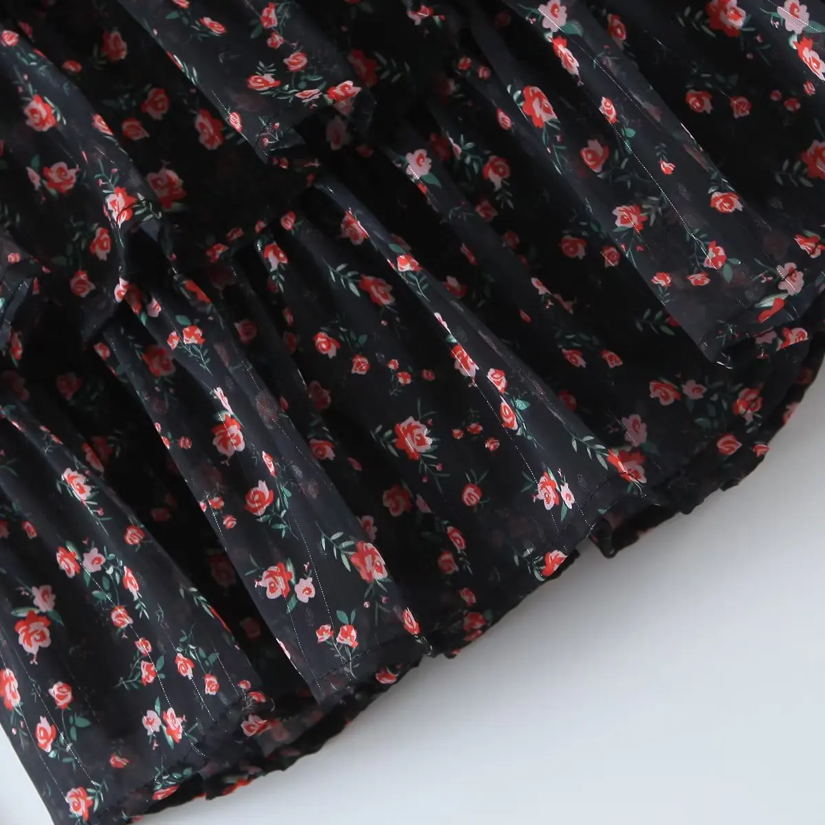 YENKYE Autumn Fashion Women Vintage Floral Print Chiffon Dress Sexy Semi-Sheer Long Sleeve Layered Ruffle Ladies Short Dress
