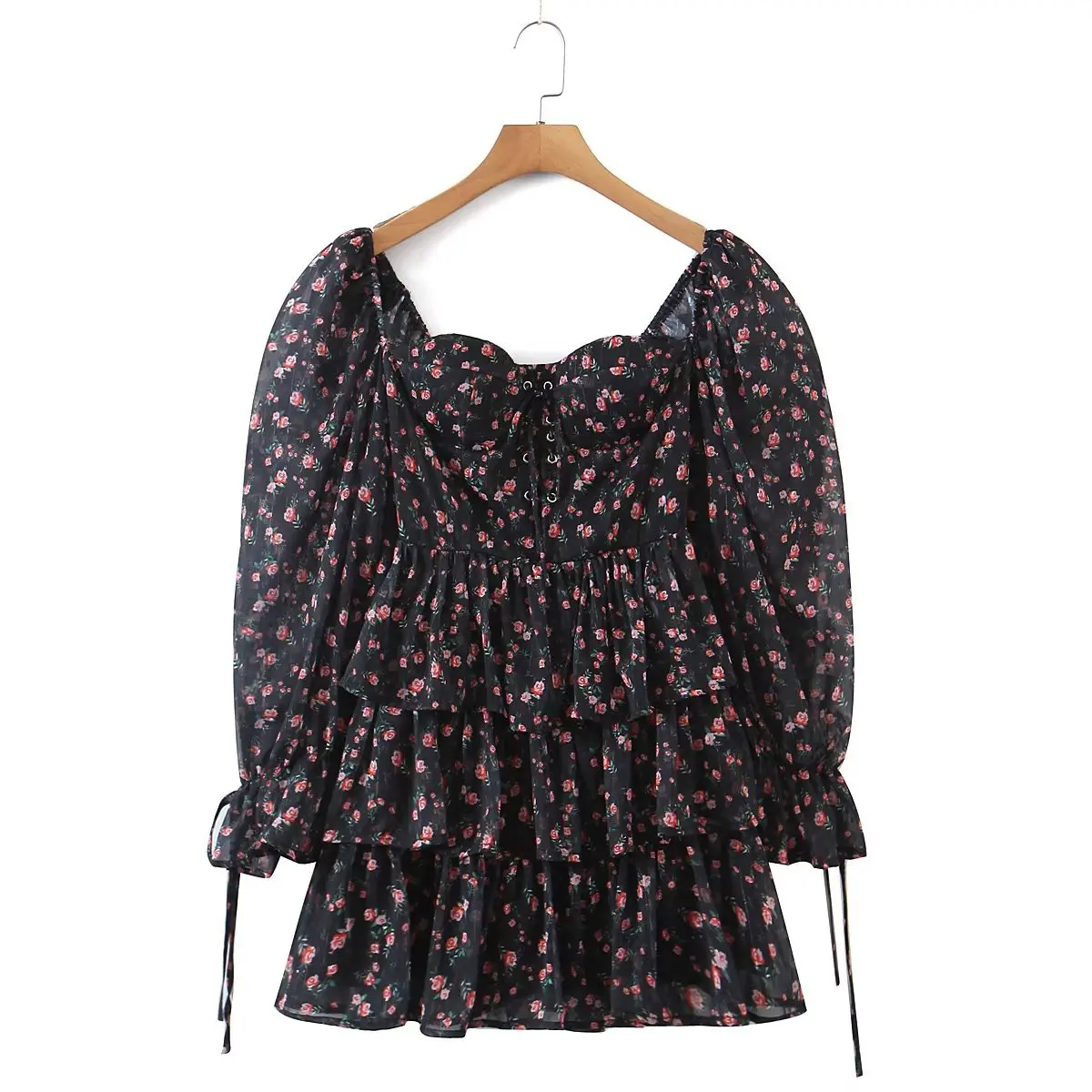 YENKYE Autumn Fashion Women Vintage Floral Print Chiffon Dress Sexy Semi-Sheer Long Sleeve Layered Ruffle Ladies Short Dress