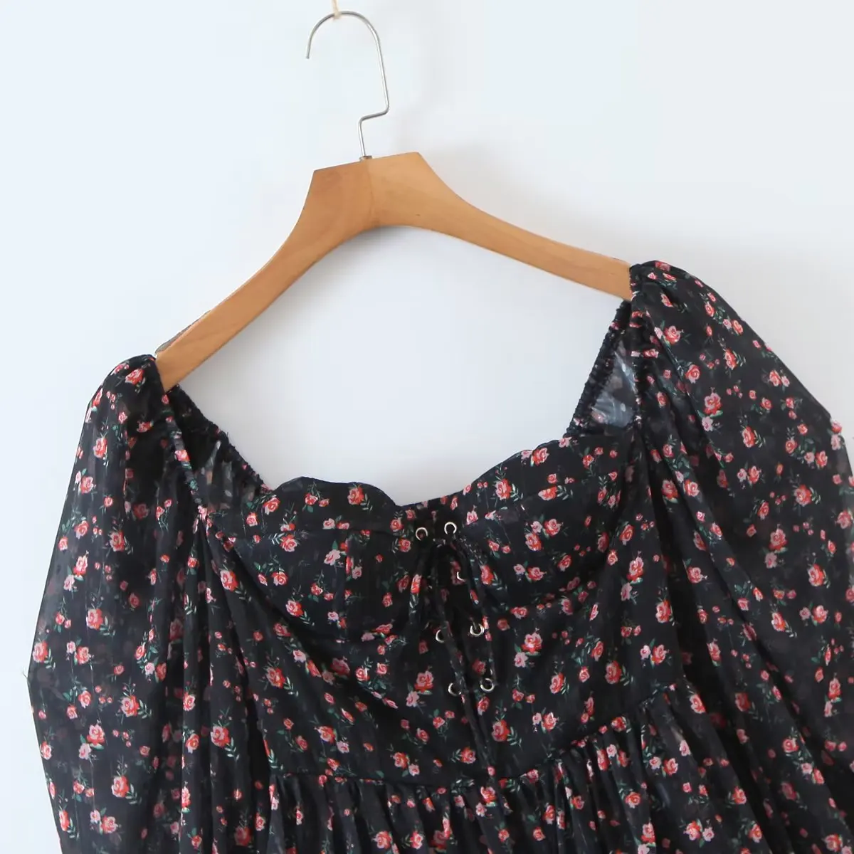 YENKYE Autumn Fashion Women Vintage Floral Print Chiffon Dress Sexy Semi-Sheer Long Sleeve Layered Ruffle Ladies Short Dress