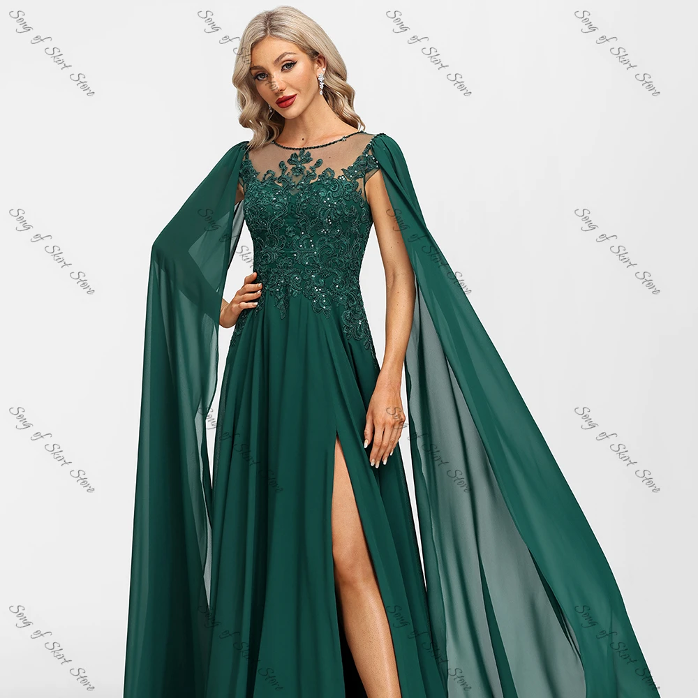 Customized O-Neck A-Line Emerald Mother of the Bride Dresses Side Slit Lace Appliques Sequined Chiffon Wedding Guest Prom Gowns
