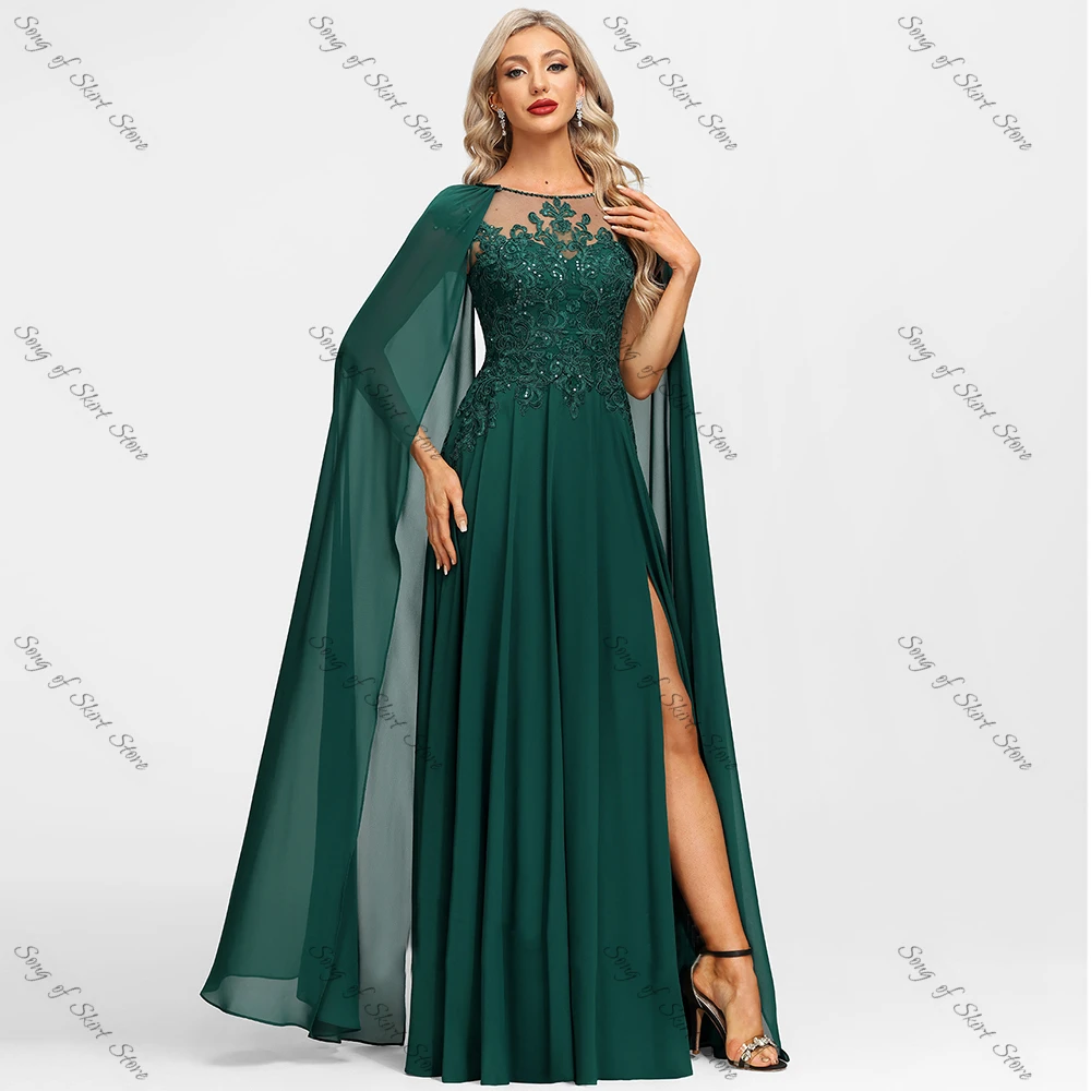 Customized O-Neck A-Line Emerald Mother of the Bride Dresses Side Slit Lace Appliques Sequined Chiffon Wedding Guest Prom Gowns