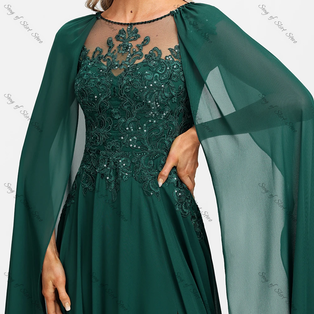 Customized O-Neck A-Line Emerald Mother of the Bride Dresses Side Slit Lace Appliques Sequined Chiffon Wedding Guest Prom Gowns