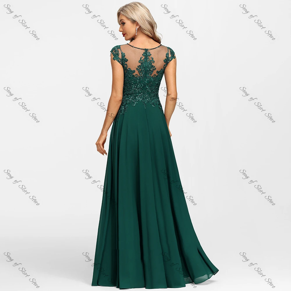 Customized O-Neck A-Line Emerald Mother of the Bride Dresses Side Slit Lace Appliques Sequined Chiffon Wedding Guest Prom Gowns