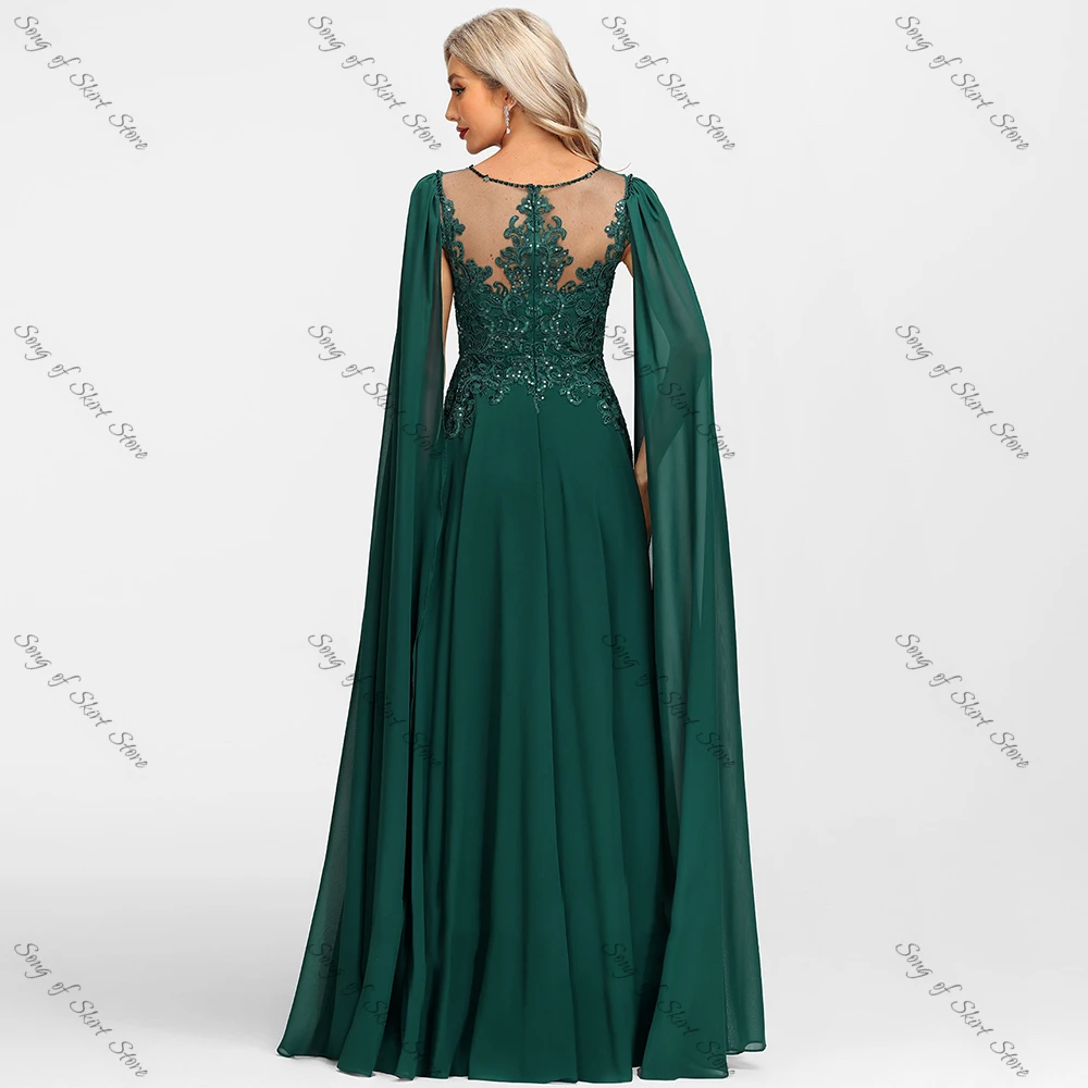 Customized O-Neck A-Line Emerald Mother of the Bride Dresses Side Slit Lace Appliques Sequined Chiffon Wedding Guest Prom Gowns