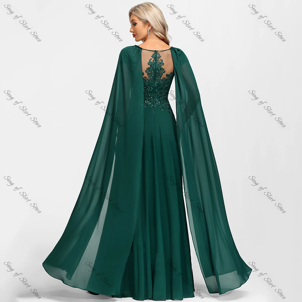 Customized O-Neck A-Line Emerald Mother of the Bride Dresses Side Slit Lace Appliques Sequined Chiffon Wedding Guest Prom Gowns