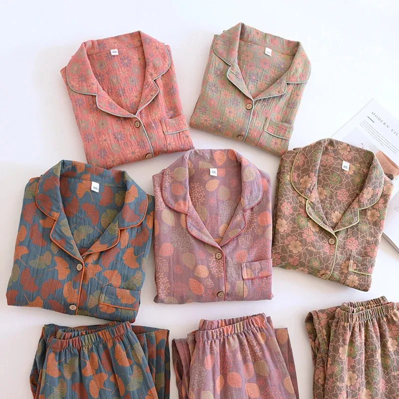 2026 New Spring And Summer Women's Pajamas Suit Long-sleeved Trousers Two-piece 100% Cotton Crepe Flower Leaves Home Clothes