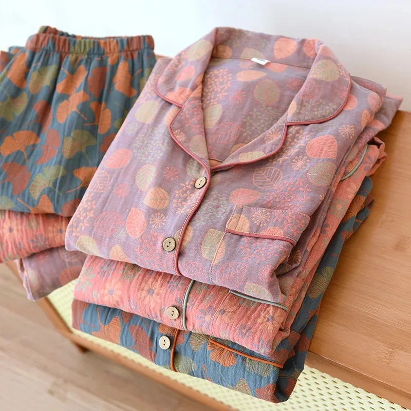 2026 New Spring And Summer Women's Pajamas Suit Long-sleeved Trousers Two-piece 100% Cotton Crepe Flower Leaves Home Clothes