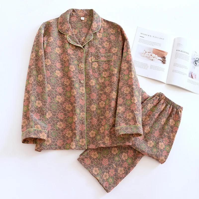 2026 New Spring And Summer Women's Pajamas Suit Long-sleeved Trousers Two-piece 100% Cotton Crepe Flower Leaves Home Clothes