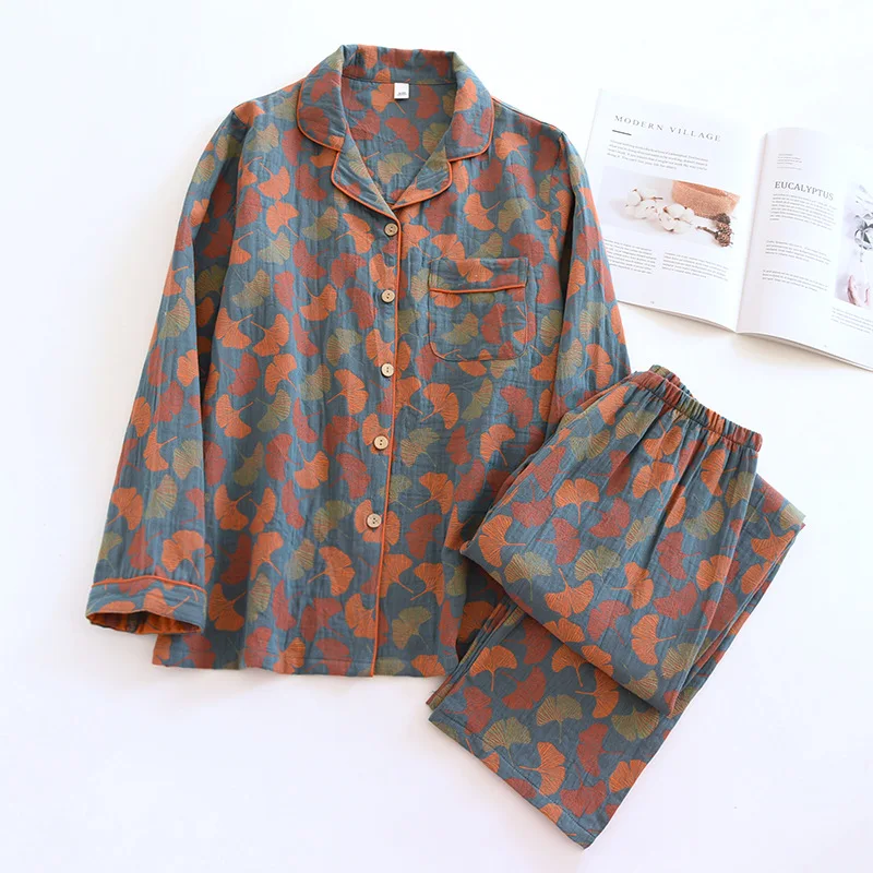 2026 New Spring And Summer Women's Pajamas Suit Long-sleeved Trousers Two-piece 100% Cotton Crepe Flower Leaves Home Clothes