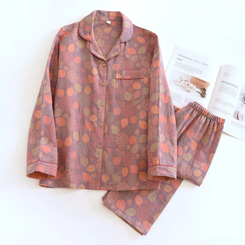 2026 New Spring And Summer Women's Pajamas Suit Long-sleeved Trousers Two-piece 100% Cotton Crepe Flower Leaves Home Clothes