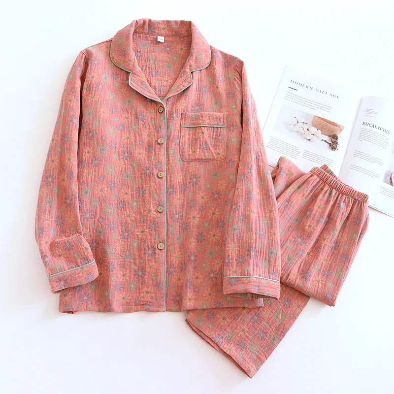 2026 New Spring And Summer Women's Pajamas Suit Long-sleeved Trousers Two-piece 100% Cotton Crepe Flower Leaves Home Clothes