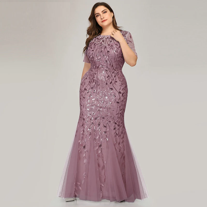 2023 Plus Size Sequin Mesh Mermaid Slim Evening Dress Beaded Leaves Pattern Formal Women Elegant Party Prom Gowns Short Sleeve