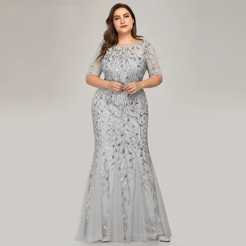 2023 Plus Size Sequin Mesh Mermaid Slim Evening Dress Beaded Leaves Pattern Formal Women Elegant Party Prom Gowns Short Sleeve