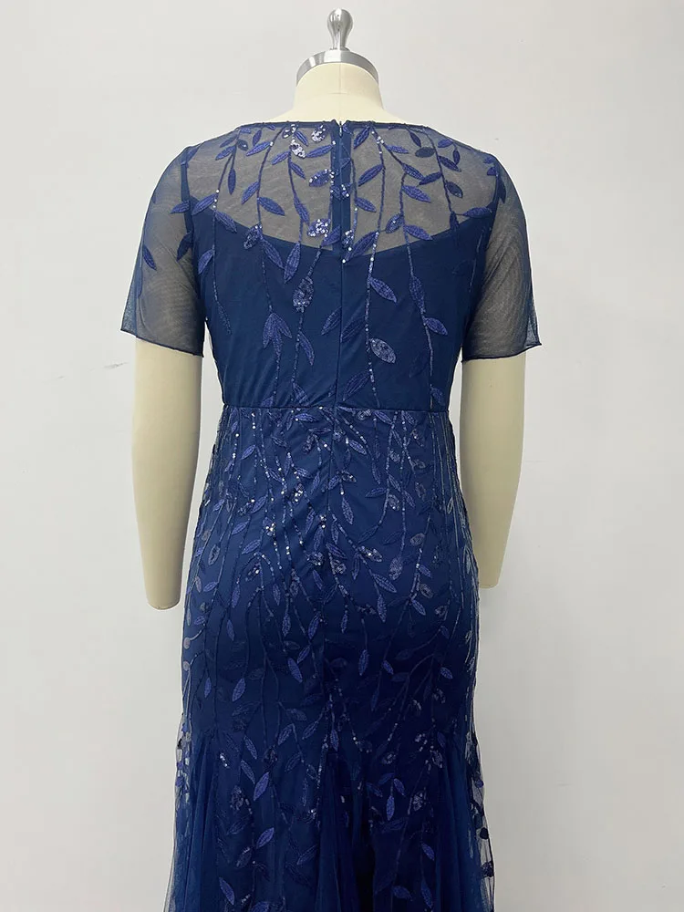 2023 Plus Size Sequin Mesh Mermaid Slim Evening Dress Beaded Leaves Pattern Formal Women Elegant Party Prom Gowns Short Sleeve