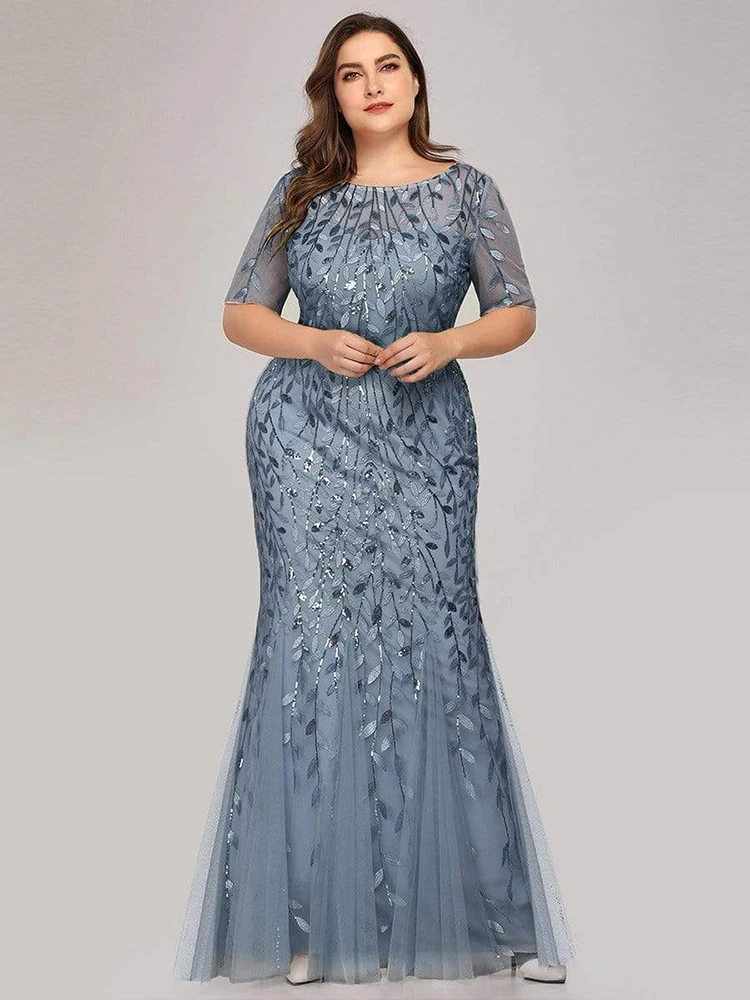 2023 Plus Size Sequin Mesh Mermaid Slim Evening Dress Beaded Leaves Pattern Formal Women Elegant Party Prom Gowns Short Sleeve