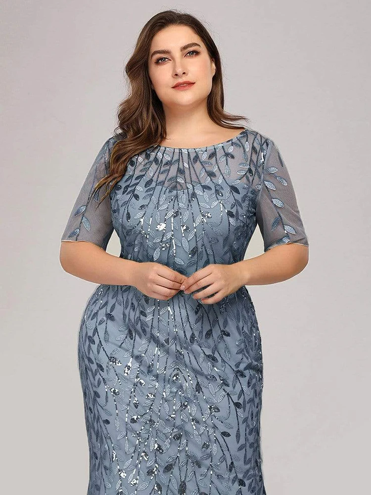 2023 Plus Size Sequin Mesh Mermaid Slim Evening Dress Beaded Leaves Pattern Formal Women Elegant Party Prom Gowns Short Sleeve