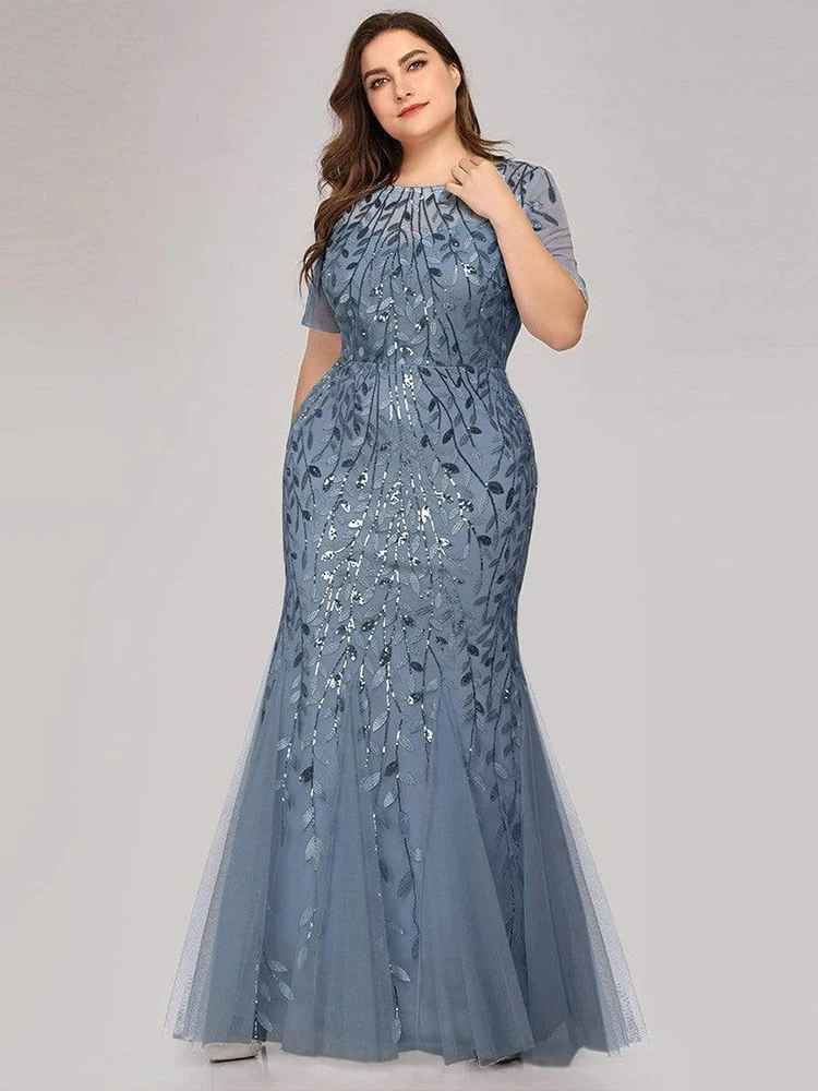 2023 Plus Size Sequin Mesh Mermaid Slim Evening Dress Beaded Leaves Pattern Formal Women Elegant Party Prom Gowns Short Sleeve