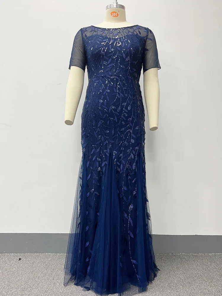 2023 Plus Size Sequin Mesh Mermaid Slim Evening Dress Beaded Leaves Pattern Formal Women Elegant Party Prom Gowns Short Sleeve