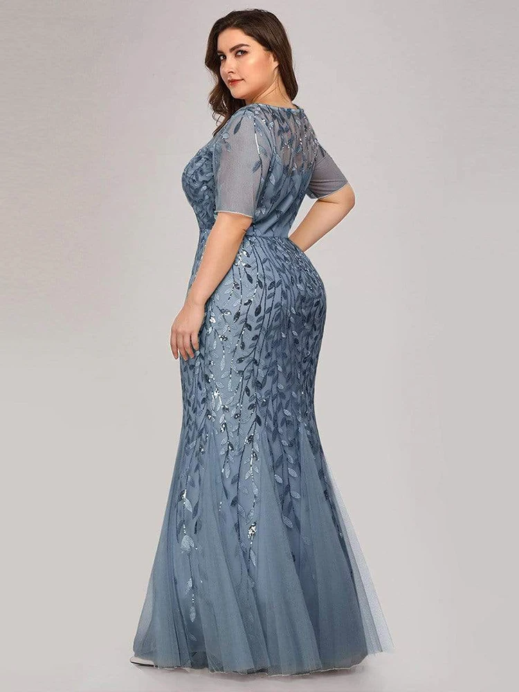 2023 Plus Size Sequin Mesh Mermaid Slim Evening Dress Beaded Leaves Pattern Formal Women Elegant Party Prom Gowns Short Sleeve