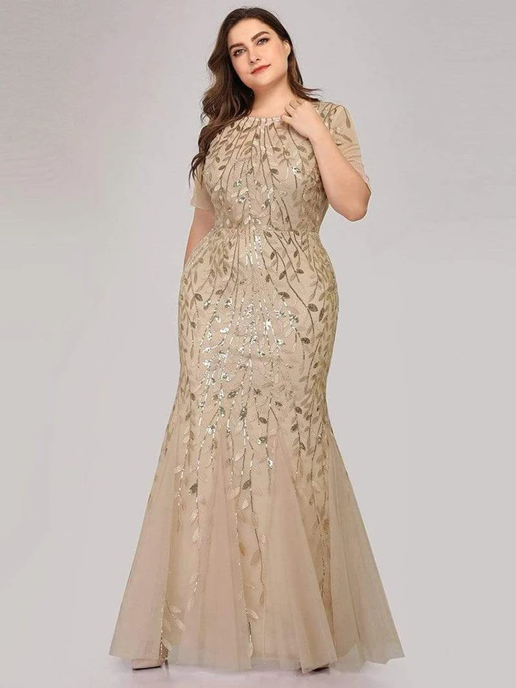 2023 Plus Size Sequin Mesh Mermaid Slim Evening Dress Beaded Leaves Pattern Formal Women Elegant Party Prom Gowns Short Sleeve