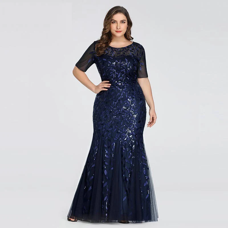2023 Plus Size Sequin Mesh Mermaid Slim Evening Dress Beaded Leaves Pattern Formal Women Elegant Party Prom Gowns Short Sleeve