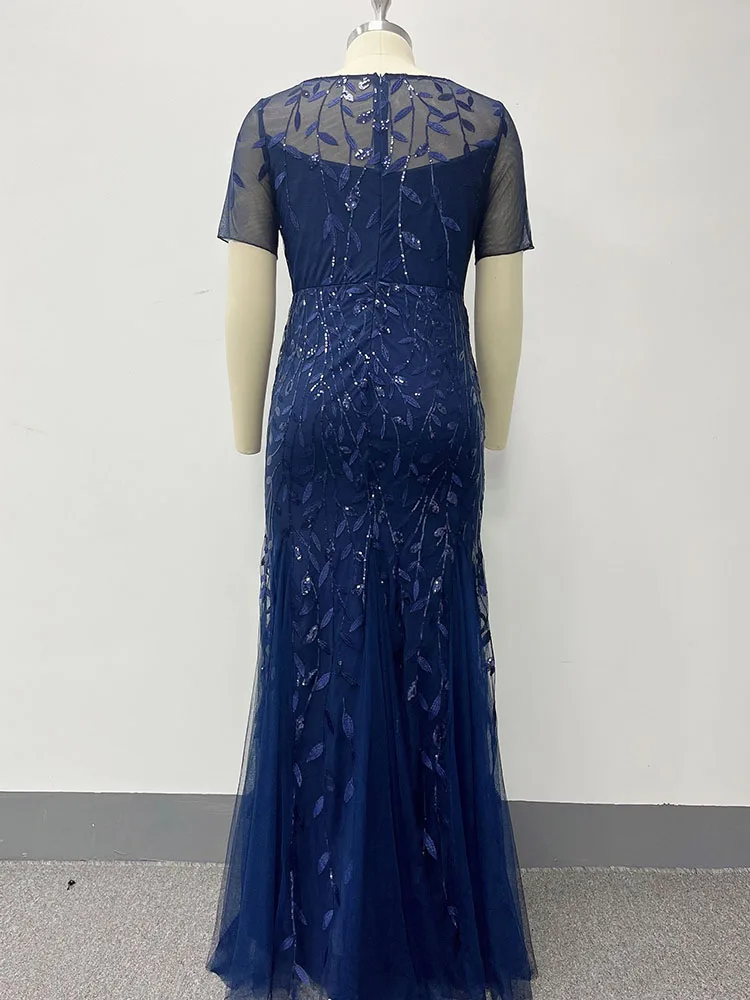 2023 Plus Size Sequin Mesh Mermaid Slim Evening Dress Beaded Leaves Pattern Formal Women Elegant Party Prom Gowns Short Sleeve