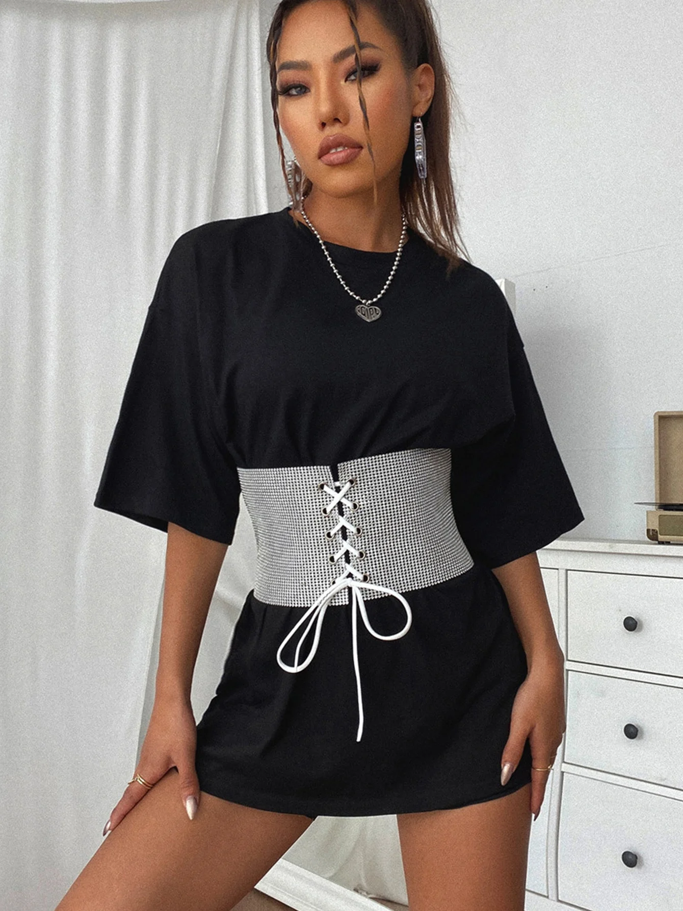 Sexy Black Rhinestone Underbust Corset Women gothic Corset Belt vintage Bustier Body Slimming Waist Glitter Wide Belt Corsets HL
