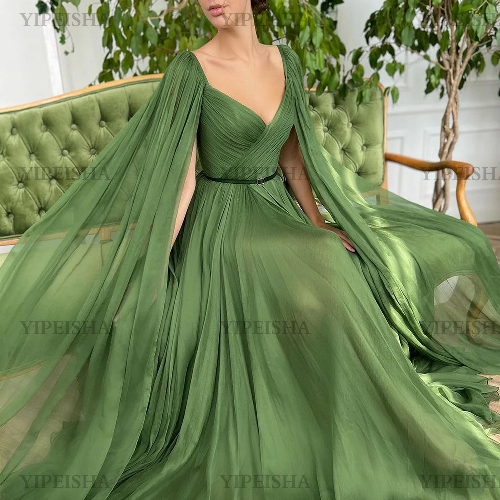 Customized Elegant Chiffon Evening Dresses V-Neck Sleeveless Side High Split Long Party Dress Simple Pleat Sweep Train Prom Gown