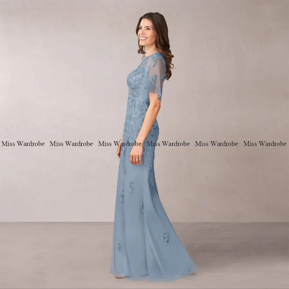 Mother Of The Bride Blue Dresses Floor Length Tulle Applique Short Sleeve Long For Weddings Formal Party Gown Elegant Customze