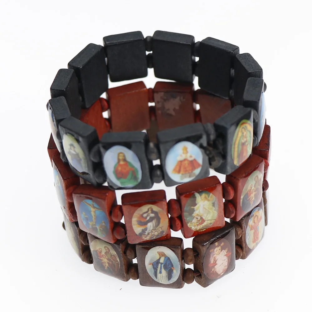 1PCS 3colors Saints Religion rosary Wooden Bracelets Fashion Wooden Jesus Bracelet Wooden Rosary Religious Jewelry For Womengifs