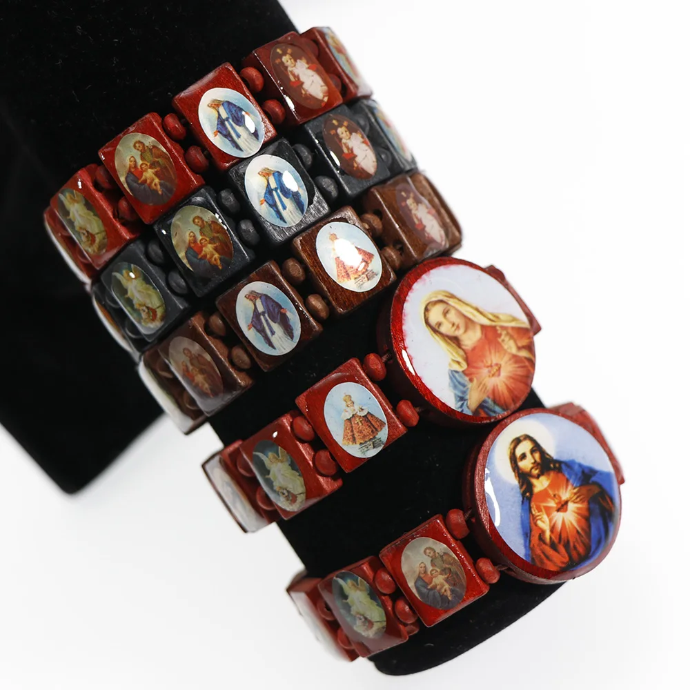 1PCS 3colors Saints Religion rosary Wooden Bracelets Fashion Wooden Jesus Bracelet Wooden Rosary Religious Jewelry For Womengifs