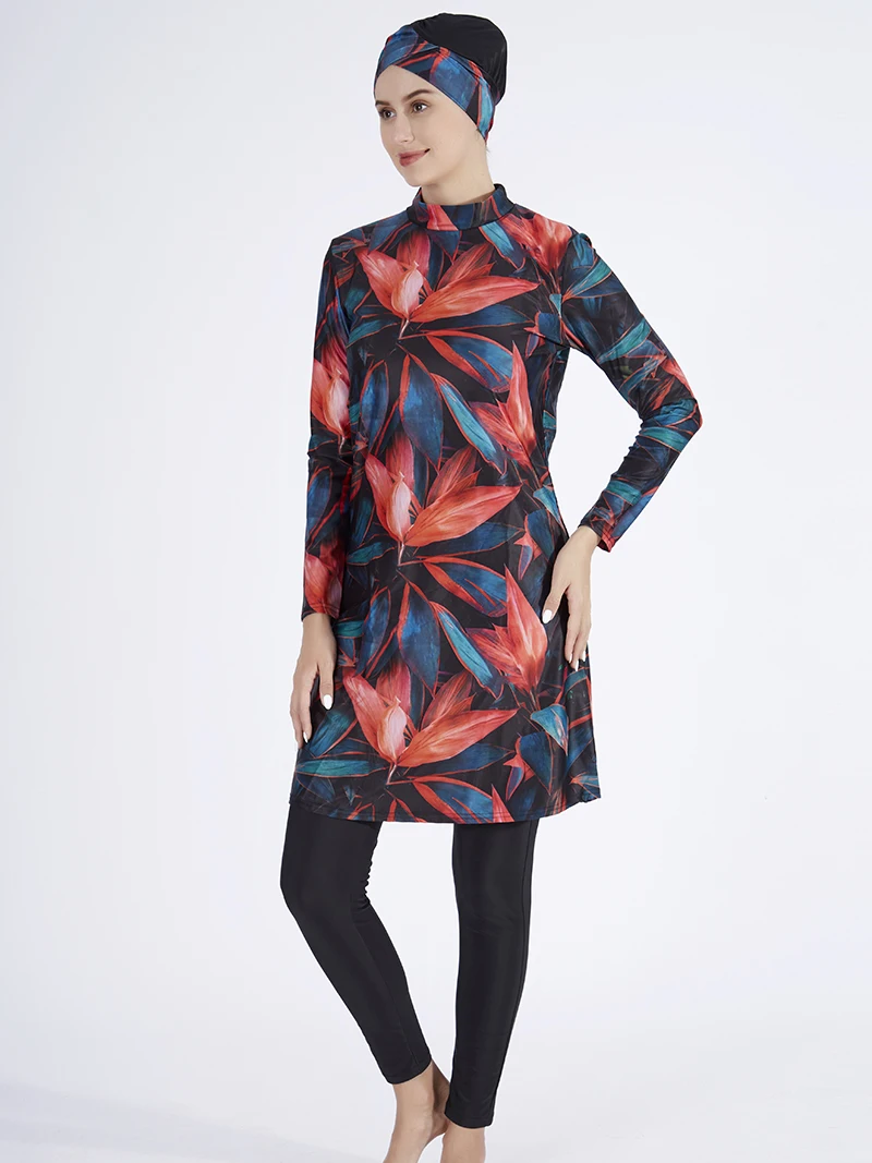 Women Muslim Swimwear Maple Leaf Printing Lslamic Clothes Hijab 3 Pcs Long Sleeves Sport Swimsuit Burkinis Bathing Suit Abaya